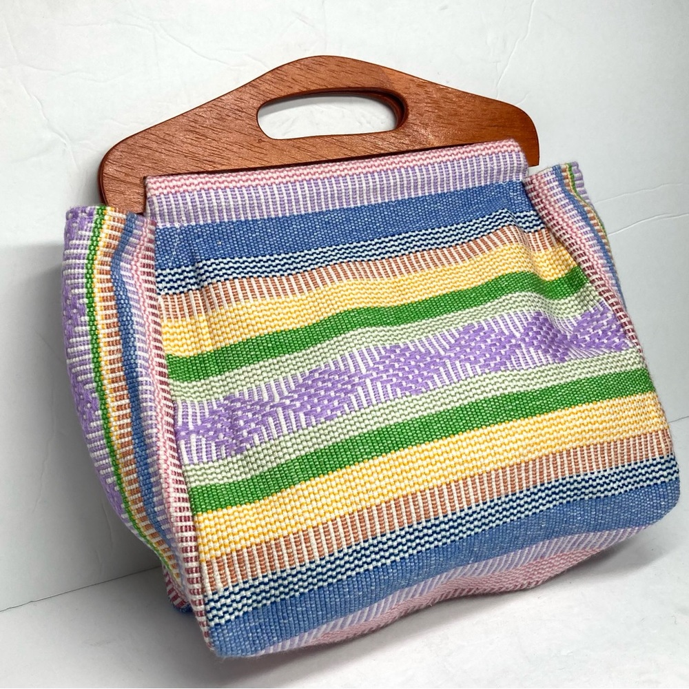 Pinzon Hand Woven Purse Rainbow Hand Bag Mexican Hippie Wood Handles 11x17"